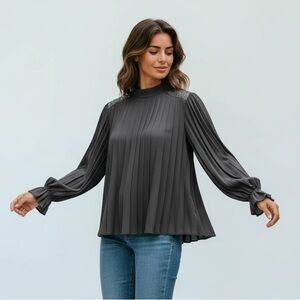 Charcoal Pleated Flowy Blouse | Long Sleeve High Neck Top | Women’s Medium